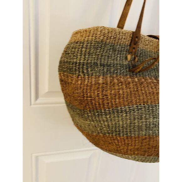 Vtg Woven Jute Leather Strap Straw Sisal Market Round Tote Shoulder Bag Purse - Picture 5 of 12